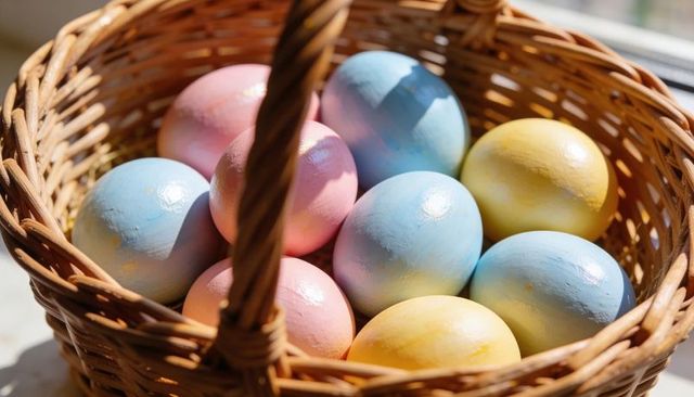 Sunlit pastel easter eggs in wicker basket closeup on window sill for spring decor