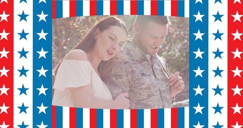 Soldier Embracing Wife with American Flag Border