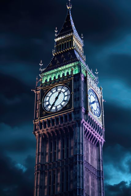 Lit big ben tower in london at night, created using generative ai technology. London landmark, great britain and historic building concept digitally generated image.