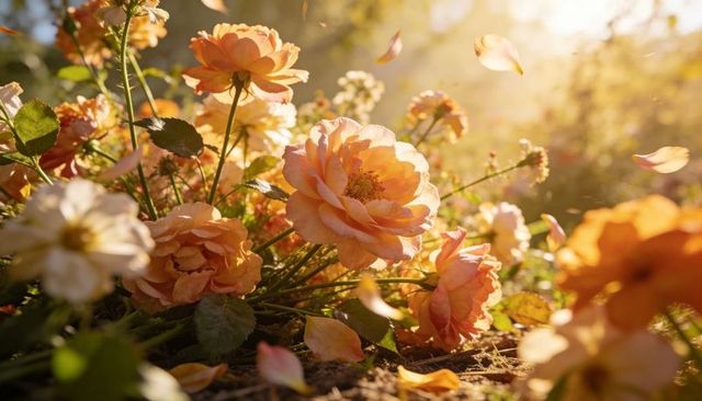 Peach-orange roses bathing in golden sunlight with falling petals and bokeh