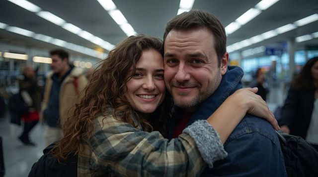 Smiling couple embracing at airport terminal, joyful reunion and travel lifestyle portrait