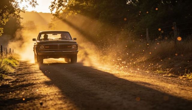 Vintage sedan driving dusty country road at golden hour kicking up sunlit dust and sparkles