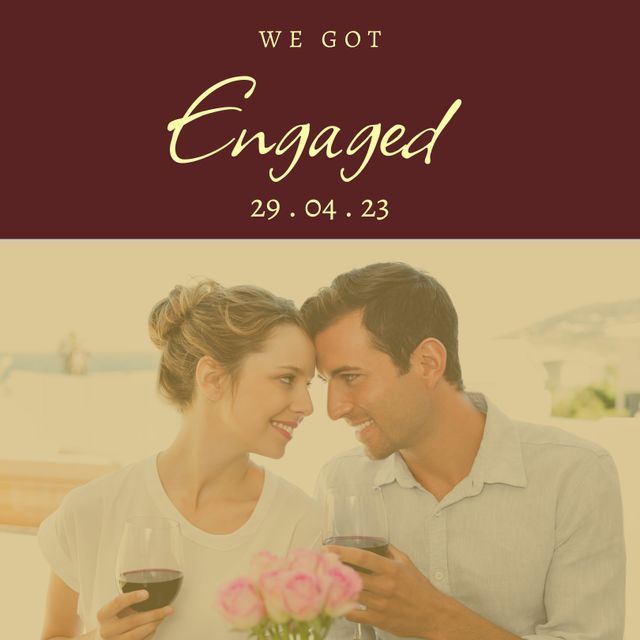 Couple joyfully toasting their engagement with wine, sharing an intimate moment. Ideal for engagement announcements, wedding invitations, or social media sharing of special moments.