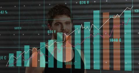 Man standing behind digital financial bar charts showing analytics growth and trends