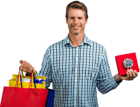 Smiling man holding shopping bags and gift box transparent background