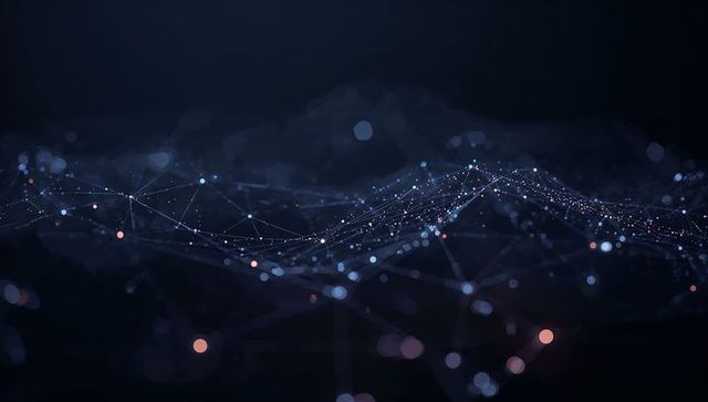 Luminous Neural Network Mesh Undulating Across Dark Virtual Space with Glowing Nodes