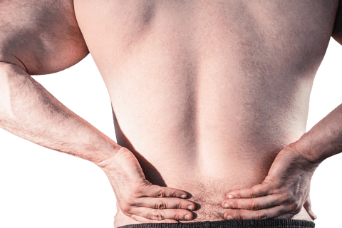 Transparent Backache in Muscular Man Holding Lower Back with Hands