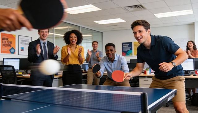 Colleagues playing table tennis in office breakroom, cheering team building moment