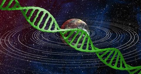 Emerald dna helix crossing cosmic starfield with planet and orbital rings, science concept