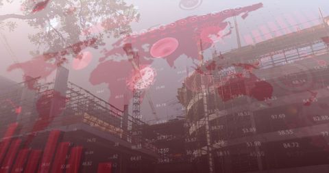 Global finance analytics overlaid on active construction background
