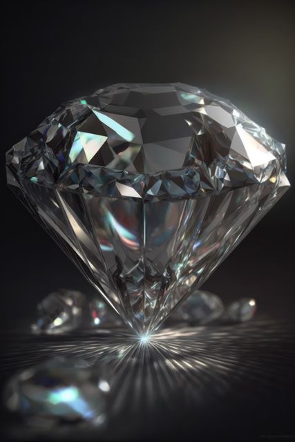 This image shows a large, sparkling diamond positioned prominently on a reflective surface with smaller diamonds scattered nearby. The brilliant refraction of light through the facets creates a sense of luxury and opulence. Ideal for use in advertisements for jewelry, luxury brands, or high-end fashion. Can also be used in articles discussing gemstones, wealth, or precious stones.