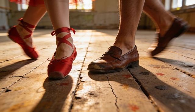 Sunlit close-up of dancing feet on worn wooden floor red ballet flats and leather loafers