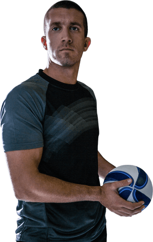 Focused rugby player holding ball with transparent background