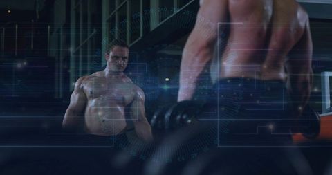 Muscular man lifting heavy dumbbell in gym mirror with blue HUD overlay and neon lighting
