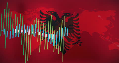 Bar Chart Analysis Overlapping Albanian Flag on World Map