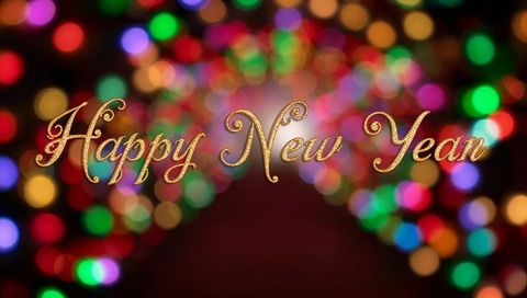 Gold Script Happy New Year Greeting with Multicolor Bokeh Lights and Glitter
