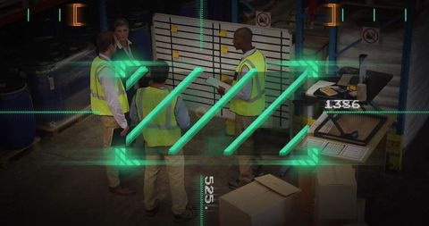 Warehouse team wearing safety vests reviewing kanban board with ar hud for logistics