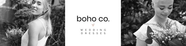 Composition of boho co wedding dresses text over diverse women wearing wedding dresses. Etsy banner maker concept digitally generated image.