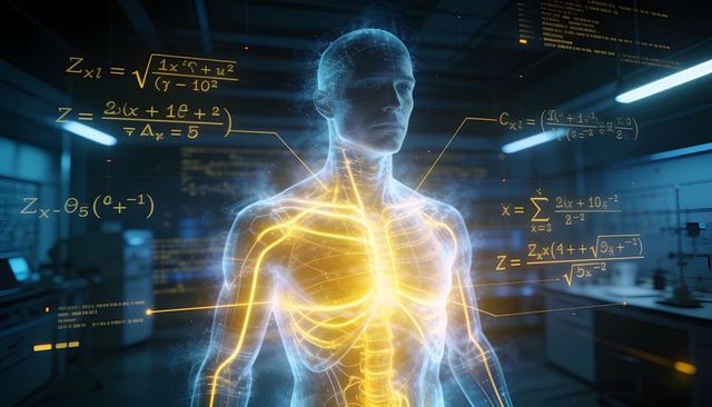 Holographic human torso displaying glowing neural pathways and diagnostic formulas in lab