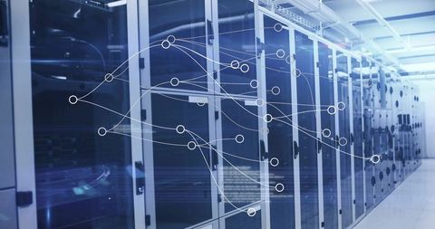 Modern data center network with server cabinets and digital connectivity