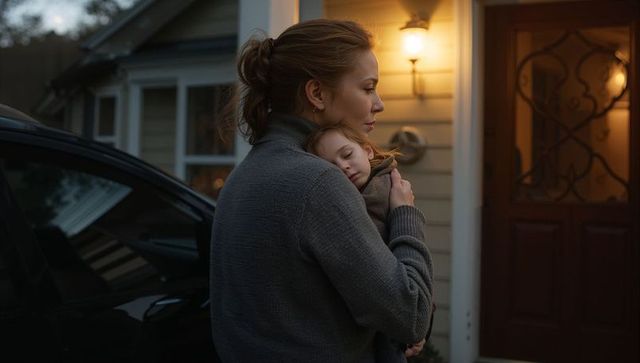 Evening embrace: mother cradling sleeping toddler at front door porch light warmth