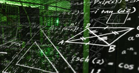 Mathematical equations overlay with data processing servers in background