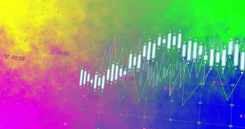 Vibrant neon financial candlestick chart with jagged line analytics and grid nodes