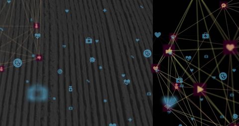 Virtual health and media network connections on dark background