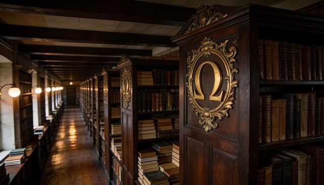 Antique library corridor featuring gilded omega emblem on carved wooden bookcase