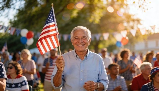 Smiling senior man waving american flag at outdoor independence day community celebration