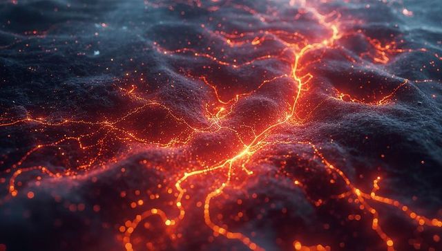 Glowing molten veins tracing across dark textured surface with neon sparks