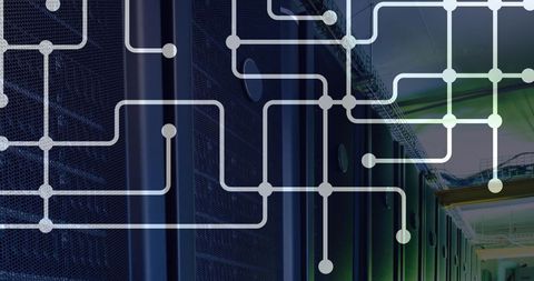 Digital circuitry overlaying server room reflecting advanced technology