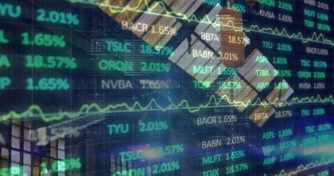 Global financial market visualization with stock quotes and graphs
