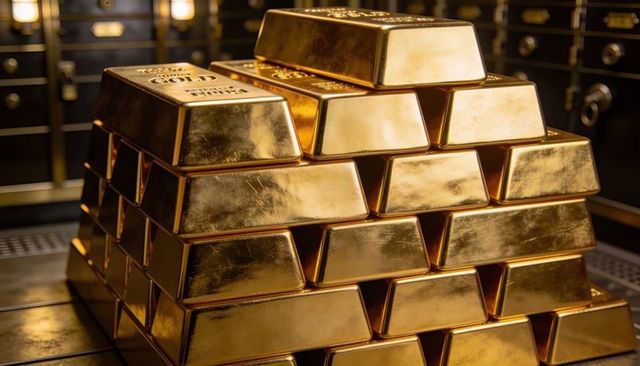 Glinting stacked gold bullion bars reflecting vault light on tray in secure strongroom