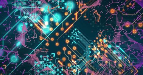 Neon Circuit Network Connecting Glowing Orange Nodes with Teal Traces and Abstract Data Mesh