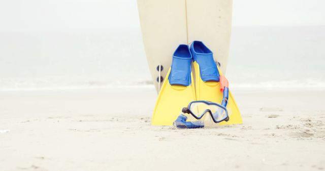 Surfboard and Snorkeling Gear on Sandy Beach - Download Free Stock Images Pikwizard.com