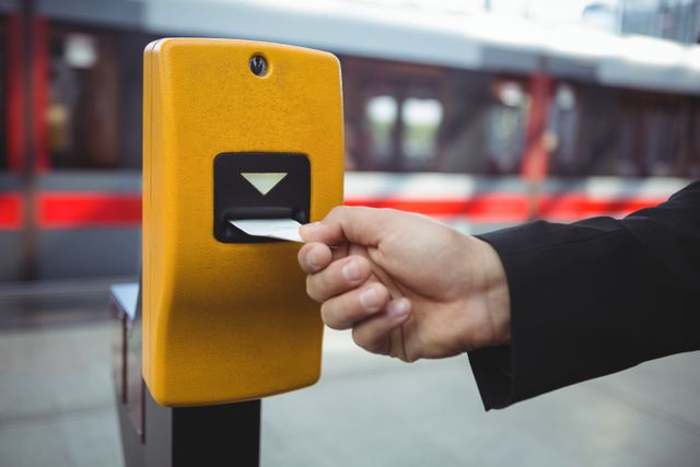 Businessman punching ticket on train platform, ideal for illustrating concepts of commuting, public transportation, business travel, and urban transit systems. Useful for articles, blogs, and advertisements related to travel, city life, and transportation services.