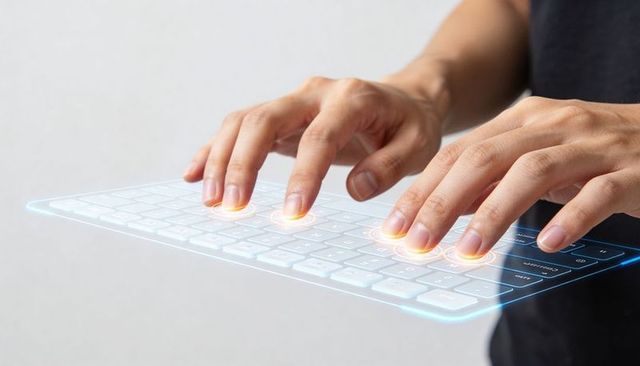 Typing on holographic keyboard with glowing touch points, futuristic virtual interface