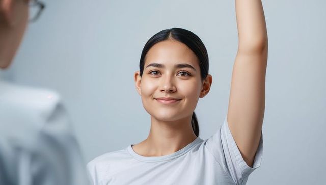 Confident asian woman raising hand and smiling, student or participant portrait, relaxed