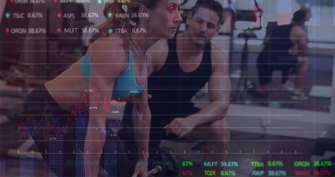 Female athlete deadlifting while trainer coaching with financial data overlay in gym