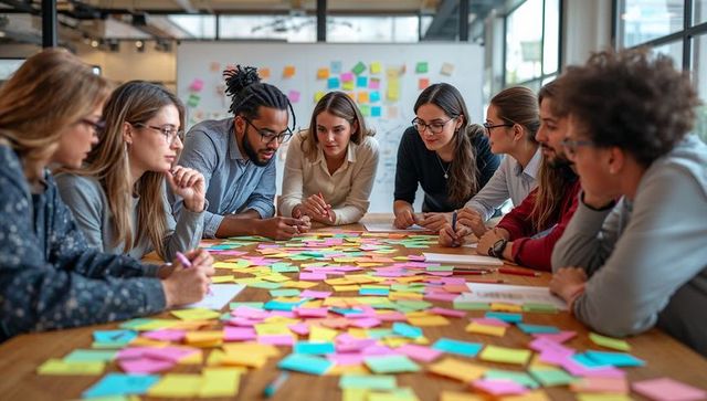 Diverse team collaborating in creative brainstorming session with colorful sticky notes