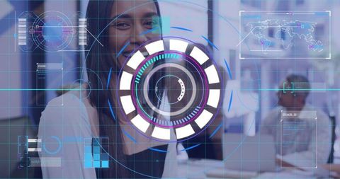 Businesswoman interacting with holographic user interface in office