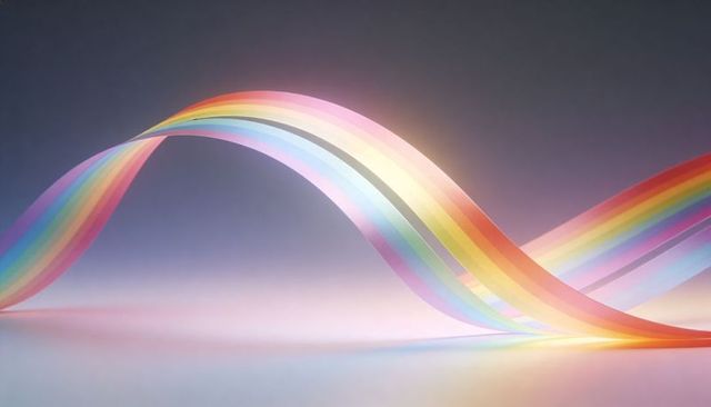 Translucent iridescent pastel ribbon wave with soft glow and glossy floor reflections