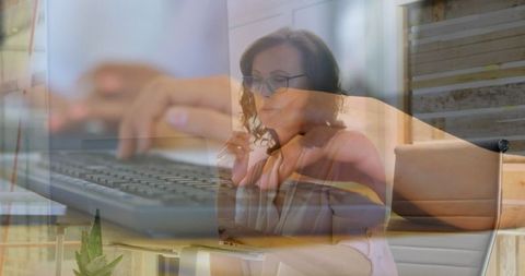 Businesswoman in Office with Digital Interface Overlay