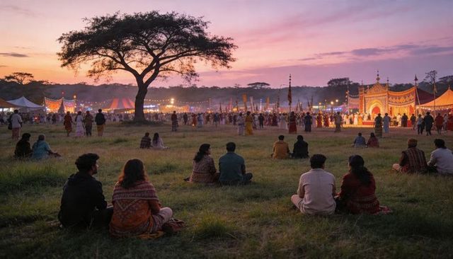 Indian evening festival crowd sitting on grass watching lit stage and tented fair at twilight