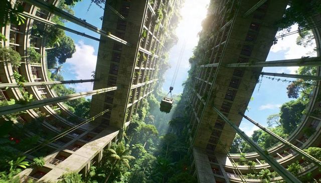 Suspended cargo gondola swaying inside overgrown circular atrium with sunlit jungle