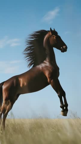Rearing dark bay horse landing and trotting across meadow vertical video for mobile use