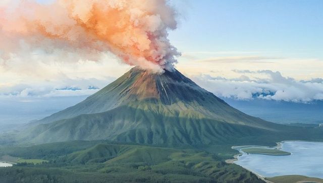 Majestic Stratovolcano Erupting with Vibrant Ash Plume
