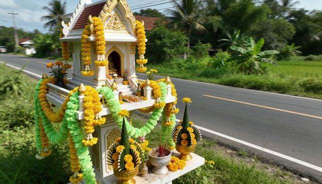 Ornate thai spirit house decorated with marigold garlands and brass offerings on rural roadside