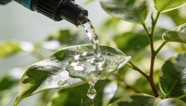 Watering nozzle pouring sparkling water onto variegated glossy leaf with sunlit droplets